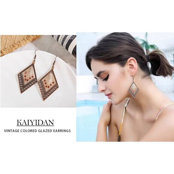 Diamond Shaped Brown Gold Boho Dangle Statement Vintage Dainty Earring for Women - Picture 9 of 9